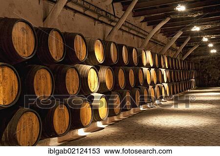 Stock Image - Barrels, Sandeman storehouse, Vila Nova de Gaia, Porto, Portugal, Europe. Fotosearch