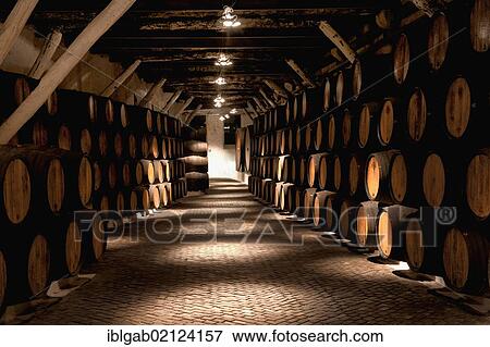 Stock Photo - Barrels, Sandeman storehouse, Vila Nova de Gaia, Porto, Portugal, Europe. Fotosearch