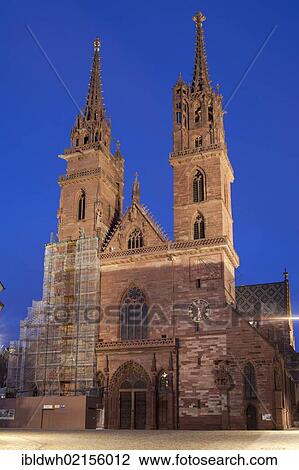 Stock Image - Basel Muenster, Muensterplatz or Cathedral Square, dusk, Basel, Canton of Basel-Stadt, Switzerland, Europe, PublicGround, Europe. Fotosearch