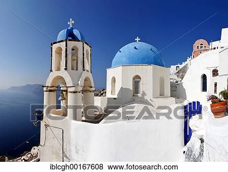 Blue cupola and a bell tower of a church, Oia, Santorini, Greece, Europe View Large Photo Image Stock Photo - Blue cupola and a bell tower of a church, Oia, Santorini, Greece, Europe. Fotosearch