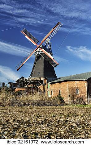Stock Image - Boreas, Riepenburger Muehle windmill, Kirchwerder, Hamburg, Germany, Europe. Fotosearch
