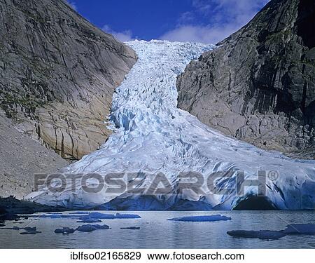 Stock Photo - Brigsdalsbreen, Briksdalsbreen, one of the glacier arms of Jostedalsbreen, Jostedal Glacier, Sogn og Fjordane, Norway, Scandinavia, Europe. Fotosearch