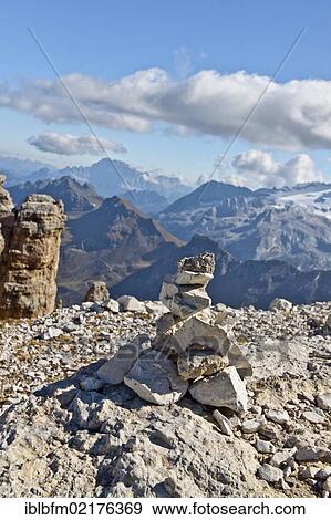 Cairn, view from Sass Pordoi, Sella-Group, Sella Ronda, Dolomites, Italy, Europe View Large Photo Image Stock Photo - Cairn, view from Sass Pordoi, Sella-Group, Sella Ronda, Dolomites, Italy, Europe. Fotosearch