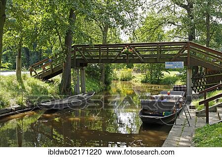 Stock Image - Canal, Spree river, in Burg, Spreewald, Brandenburg, Germany, Europe. Fotosearch