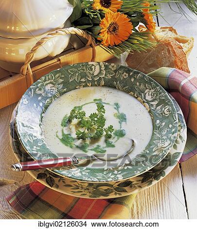 Cauliflower soup with parsley paste, refined with wine and cream, Australia, Oceania View Large Photo Image Picture - Cauliflower soup with parsley paste, refined with wine and cream, Australia, Oceania. Fotosearch
