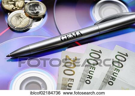 Stock Photograph - CDs, banknotes and a pen labelled GEMA, symbolic image for GEMA fees. Fotosearch