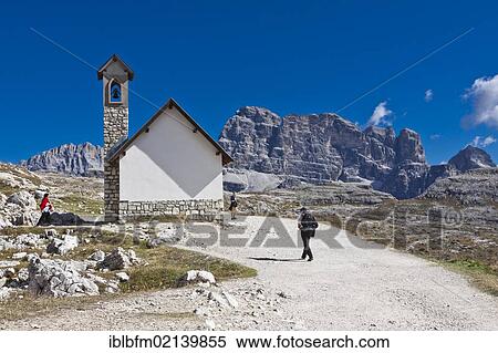 Chapel, hiking trail, Tre Cime di Lavaredo, Three Peaks, Alta Pusteria, Dolomites of Sesto, Italy, Europe View Large Photo Image Stock Photography - Chapel, hiking trail, Tre Cime di Lavaredo, Three Peaks, Alta Pusteria, Dolomites of Sesto, Italy, Europe. Fotosearch