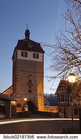 Stock Photograph - Christmas lights on Torturm tower, Vellberg, Buehlertal, Hohenlohe, Schwaebisch-Fraenkischer Wald region, Baden-Wuerttemberg, Germany, Europe. Fotosearch