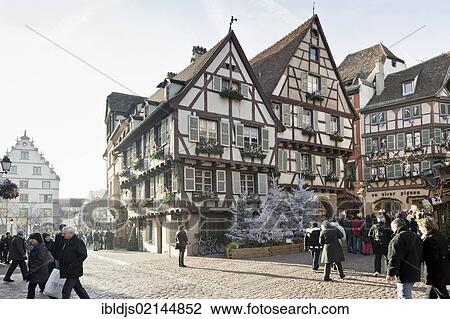Stock Image - Christmassy and wintery Colmar, Alsace, France, Europe. Fotosearch