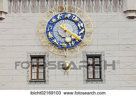 Stock Image - Clock on the Toy Museum, Munich, Bavaria, Germany, Europe, PublicGround, Europe. Fotosearch
