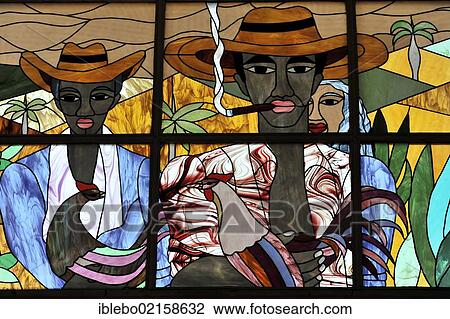 Stock Image - Coloured, stained glass windows in the lobby, reception area of the 4-star Brisas Trinidad Del Mar Hotel, Trinidad, Cuba, Greater Antilles, Caribbean, Central America, America, North America. Fotosearch