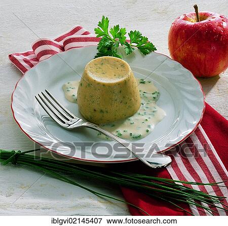 Stock Photo - Colourful vegetable flan with apple cream and chives, hot starter, Austria, Europe. Fotosearch