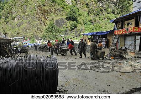 Stock Photo - Construction site, border town Nyalam - Zhangmu on the Friendship Highway Tibet - Nepal, Himalayas, Tibet, China, Asia. Fotosearch