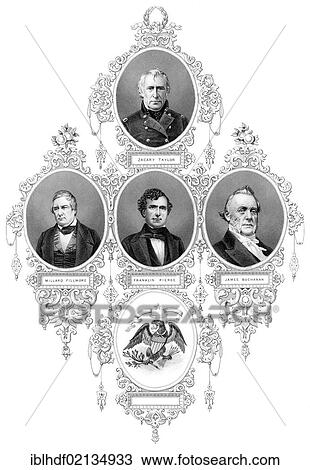 Stock Image - Copper engraving from the 19th Century, portaits of the presidents of the United States of America, 1849-1861, Zachary Taylor, Millard Fillmore, Franklin Pierce, James Buchanan. Fotosearch