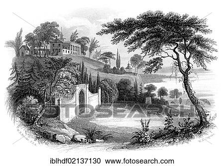 Stock Image - Copper engraving from the 19th Century, Mount Vernon, colonial-style estate of George Washington, Virginia, USA, North America. Fotosearch