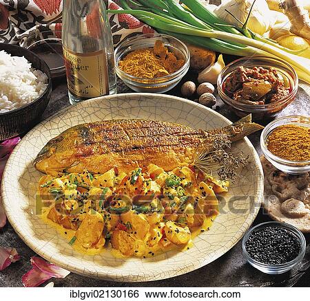 Curried potatoes, fried potatoes with oriental spices, with a delicate yoghurt sauce and black sesame, chili and tomatoes, India, Asia View Large Photo Image Stock Photograph - Curried potatoes, fried potatoes with oriental spices, with a delicate yoghurt sauce and black sesame, chili and tomatoes, India, Asia. Fotosearch