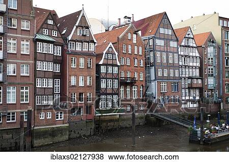 Stock Photo - Deichstrasse, dyke road, between Freihafen port and St. Nicholas Church, a complex of old-Hamburgian houses of different styles, Hamburg, Germany, Europe. Fotosearch