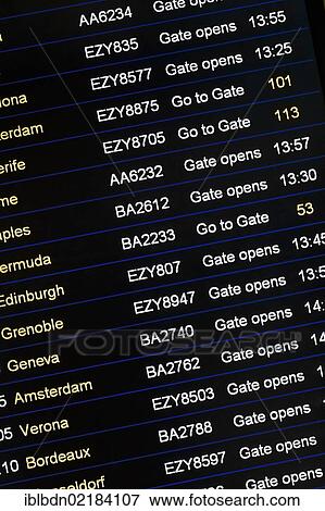 Stock Photo - Departure board, airport, United Kingdom, Europe. Fotosearch