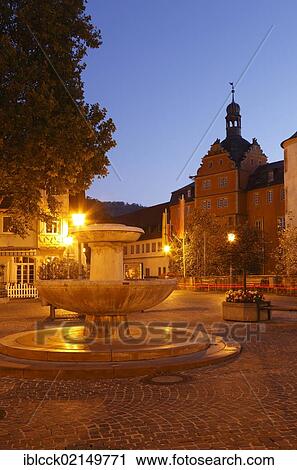 Stock Image - Deutschordensplatz square with Deutschordensschloss, Castle of the Teutonic Order, Bad Mergentheim, Tauber, Hohenlohe, Baden-Wuerttemberg, Germany, Europe, PublicGround, Europe. Fotosearch