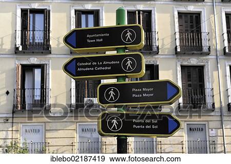 Stock Photo - Direction signs for pedestrians, city centre of Madrid, Spain, Europe. Fotosearch