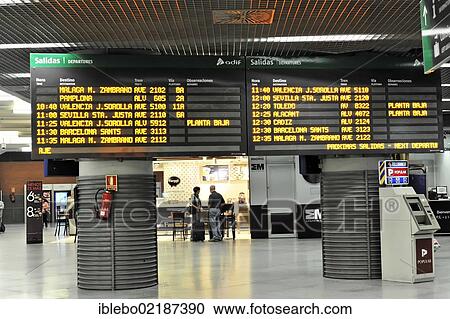 Stock Image - Display panel, Atocha station, Madrid, Spain, Europe. Fotosearch