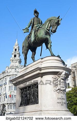 Stock Image - Dom Pedro IV equestrian statue, Aliados avenue, Porto, Unesco World Heritage Site, Portugal, Europe. Fotosearch
