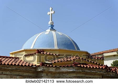 Stock Image - Dome of a church, Marathocampos, Samos Island, Aegean Sea, southern Sporades islands, Greece, Europe. Fotosearch