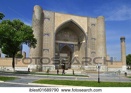 Stock Image - Entrance portal of Bibi Khanum, Bibi Xanom mosque, Samarkand, Unesco World Heritage Site, Silk Road, Uzbekistan, Central Asia, Asia. Fotosearch