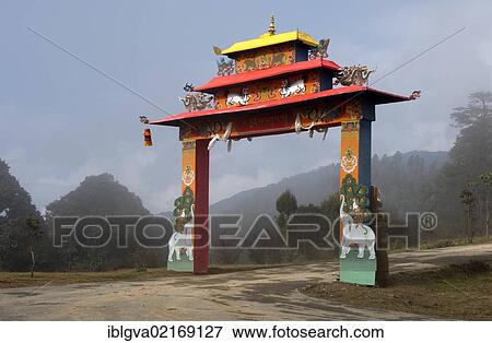 Entrance portal to a Buddhist temple on Dochula Pass, Bhutan, South Asia, Asia View Large Photo Image Stock Photo - Entrance portal to a Buddhist temple on Dochula Pass, Bhutan, South Asia, Asia. Fotosearch