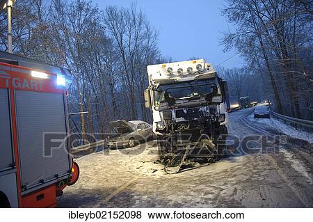 Fatal car accident on the slippery snow of an icy road, an E-Class Mercedes was hurled onto the opposite carriageway and collided with an oncoming truck, Stuttgart, Baden-Wuerttemberg, Germany, Europe View Large Photo Image Stock Photo - Fatal car accident on the slippery snow of an icy road, an E-Class Mercedes was hurled onto the opposite carriageway and collided with an oncoming truck, Stuttgart, Baden-Wuerttemberg, Germany, Europe. Fotosearch