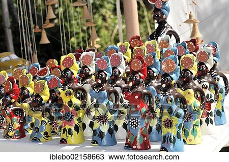Stock Image - Female figures made of clay, pottery, souvenirs, market stall, Trinidad, Cuba, Greater Antilles, Caribbean, Central America, America, North America. Fotosearch