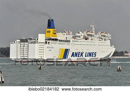 Stock Image - Ferry, Anek Lines Lefka Ori, 192m, 1, 500 passengers, built in 1992, departing Venice, Veneto, Italy, Europe. Fotosearch