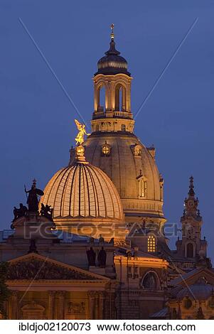 Floodlit cupola of Frauenkirche behind the glass cupola of Dresden Academy of Fine Arts at the blue hour in the evening, Dresden, Saxony, Germany, Europe View Large Photo Image Stock Image - Floodlit cupola of Frauenkirche behind the glass cupola of Dresden Academy of Fine Arts at the blue hour in the evening, Dresden, Saxony, Germany, Europe. Fotosearch
