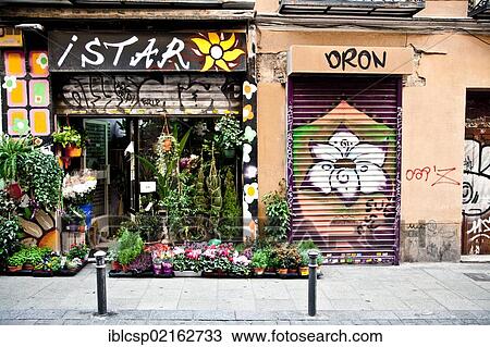 Stock Image - Flower shop, Espiritu Santo street in Malasaña, Malasana district, Madrid, Spain, Europe. Fotosearch
