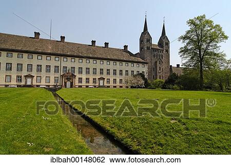 Stock Image - Former Abbey and castle Corvey in Hoexter Hoexter at the Weser near Holzminden North Rhine Westphalia Germany. Fotosearch