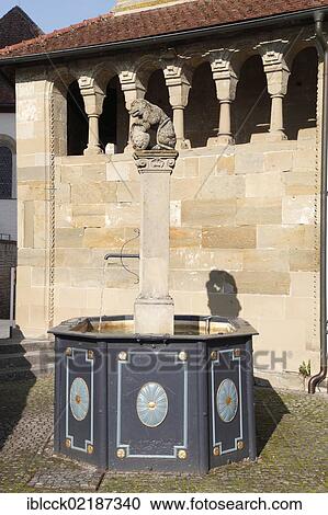 Stock Image - Fountain in front of the Romanesque Erhardskapelle chapel, Benedictine monastery of Comburg, Grosscomburg, Steinbach near Schwaebisch Hall, Baden-Wuerttemberg, Germany, Europe. Fotosearch