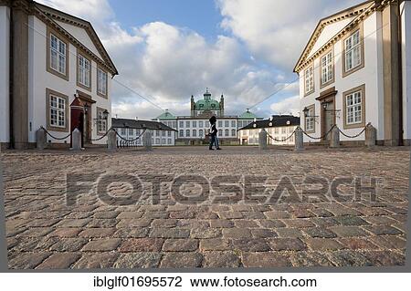 Stock Image - Fredensborg Slot or Fredensborg Palace with guard soldier, Fredensborg, Zealand, Denmark, Europe. Fotosearch