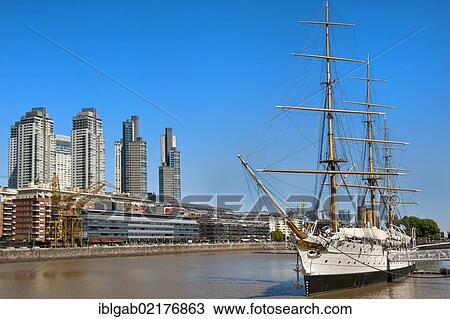 Stock Image - Frigate Sarmiento, Puerto Madero, Buenos Aires, Argentina, South America. Fotosearch
