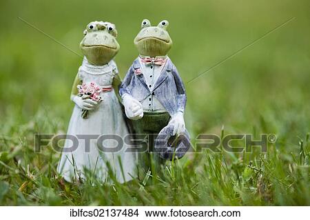 Picture - Frog figurines as wedding couple, in grass. Fotosearch