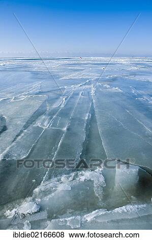 Stock Photo - Frozen North Sea with the Hallig Langeness, holm, on the horizon, North Frisia, Schleswig-Holstein, Northern Germany, Germany, Europe. Fotosearch