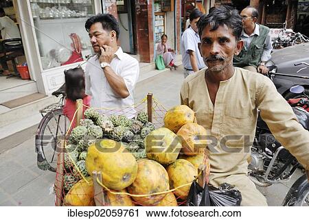 Stock Image - Fruit and vegetable seller, Kathmandu, Nepal, Asia. Fotosearch