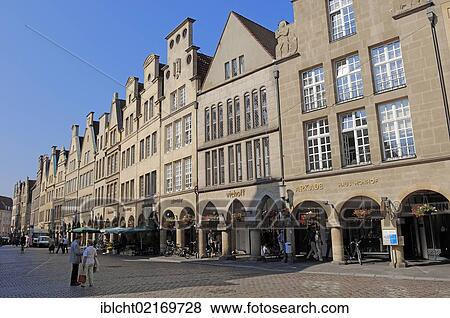 Stock Photo - Gabled town houses on Prinzipalmarkt square, Muenster, Muensterland, North Rhine-Westphalia, Germany, Europe, PublicGround, Europe. Fotosearch