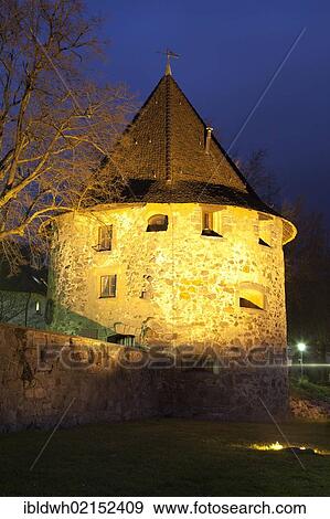 Stock Photo - Gallus Tower on the bank of the Rhine River at night, Bad Saeckingen, Waldshut district, Upper Rhine, Black Forest, Baden-Wuerttemberg, Germany, Europe, PublicGround, Europe. Fotosearch
