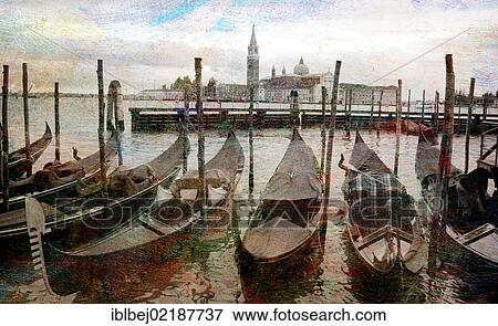 Stock Photo - Gondolas, vintage look, San Giorgio Maggiore, Venice, Italy, Europe. Fotosearch