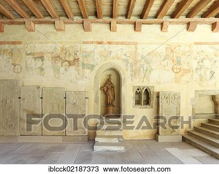 Stock Image - Gothic abbey church of St. Peter, a former collegiate church and the church of the Benedictine monastery of Gruessau, mural paintings in the cloister, Bad Wimpfen im Tal, Baden-Wuerttemberg, Germany, Europe. Fotosearch