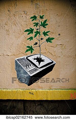 Graffiti of a tree growing out of a broken TV set, in Malasaña, Malasana district, Madrid, Spain, Europe View Large Photo Image Stock Photography - Graffiti of a tree growing out of a broken TV set, in Malasaña, Malasana district, Madrid, Spain, Europe. Fotosearch