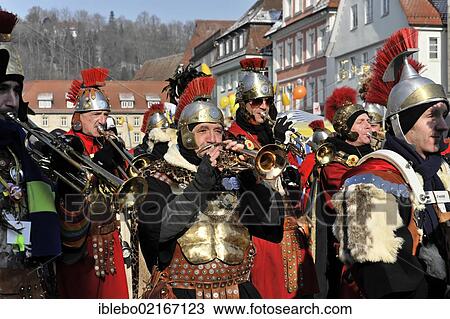 Stock Image - Guggenmusik, Bloos-Arsch carnival marching band St Georgen, 29th International Guggenmusik meeting, 11 February 2012, Schwaebisch Gmuend, Baden-Wuerttemberg, Germany, Europe. Fotosearch