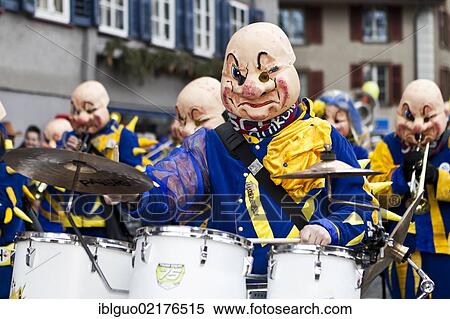 Stock Photography - Guggenmusik group, carnival marching band, at the 35th Motteri parade in Malters, Lucerne, Switzerland, Europe. Fotosearch