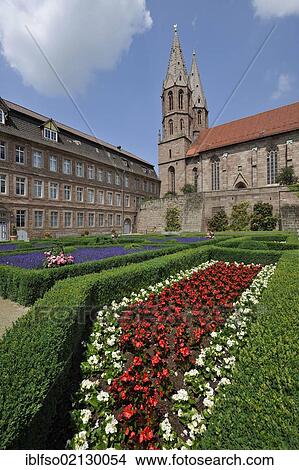 Picture - Heritage Museum, left, St. Mary's Church, right, and Baroque gardens in the foreground, Heilbad Heiligenstadt, Thuringia, Germany, Europe. Fotosearch