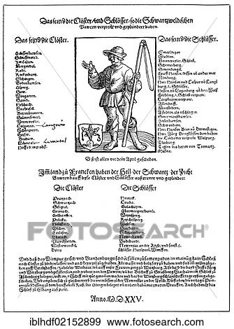 Stock Photo - Historic illustration, leaflet from the Peasants' War, 1525, list of destroyed monasteries and castles. Fotosearch